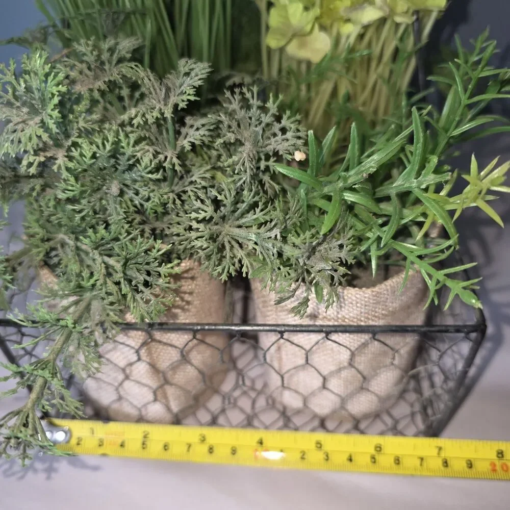 6 Artificial Plants In Burlap Containers In Metal Chicken Wire Carrier w Handle